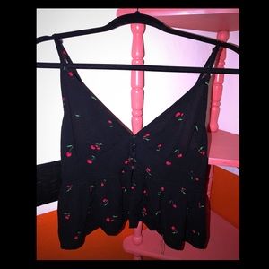 Black Babydoll Shirt with Cherry Detail